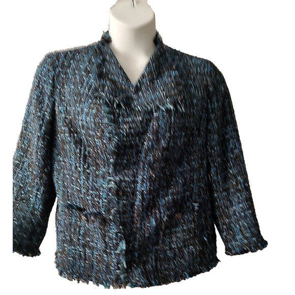 Anne Klein Women's Open woven fringed fully lined Blue tweed metallic Jacket 12 - Picture 3 of 12